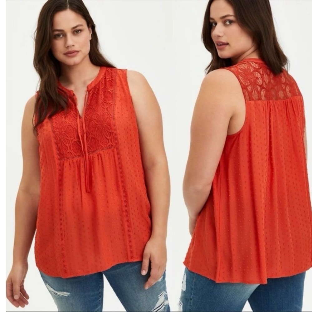 Torrid Orange Swiss Dot Crochet Sleeveless V-Neck Tank Top